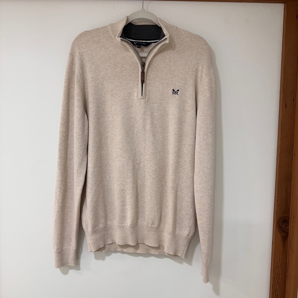 Crew Clothing Company Quarter‎ Zip Sweater Mens Large Oatmeal Cotton Knit Preppy